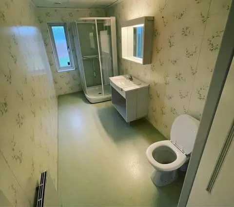 Äldre badrum med mönstrade väggskivor, duschkabin och grön plastmatta, före renovering